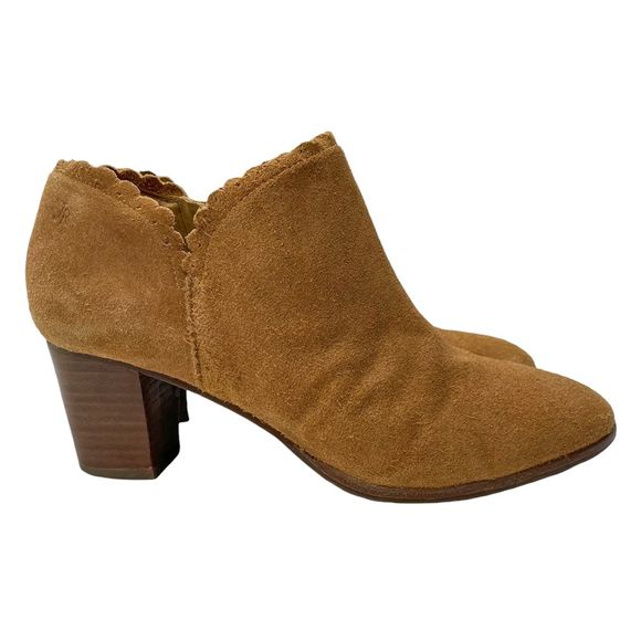 Jack Rogers Marianne Suede Scallop Trim Heeled Ankle Bootie Tan - Picture 6 of 14